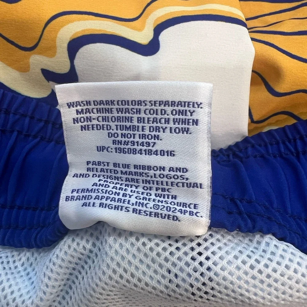 Pabst Blue Ribbon Graphic Swim Trunks Board Shorts Size XL Blue Yellow Stretchy